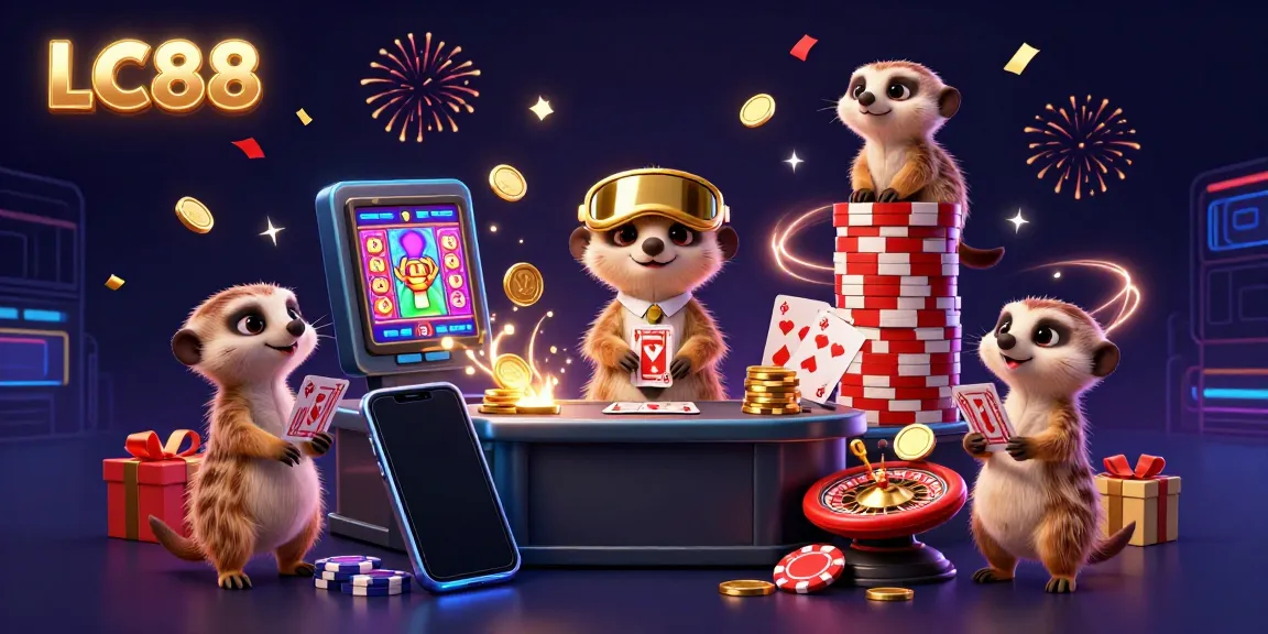 LC88 online casino scene featuring cartoon meerkats playing cards and managing chips in a vibrant setting.