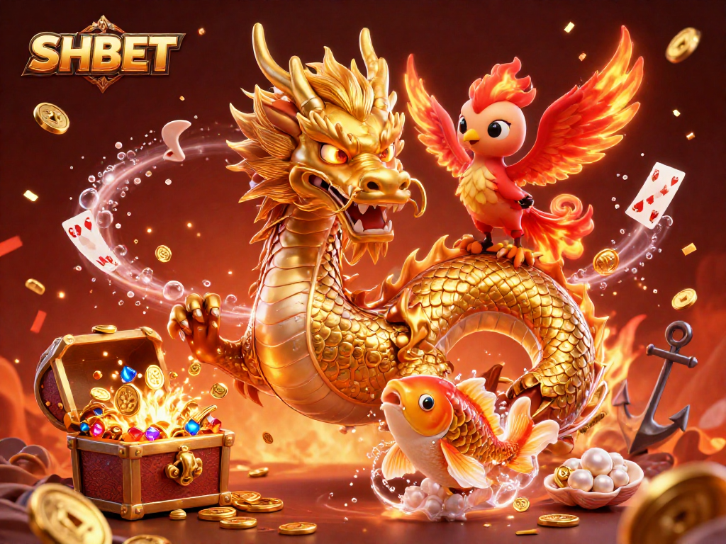 Experience winning with SHBET while encountering a fierce dragon, phoenix, and koi in a vibrant casino scene.