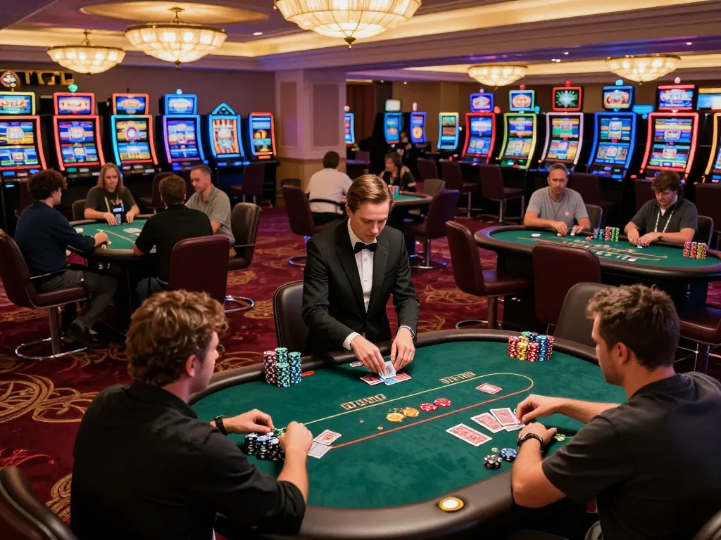 ONBET players enjoying dynamic poker action at vibrant tables with warm casino ambiance