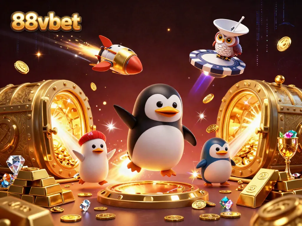 Experience the thrilling adventure of 88vbet, featuring a golden penguin rocket blasting through a vibrant casino universe.