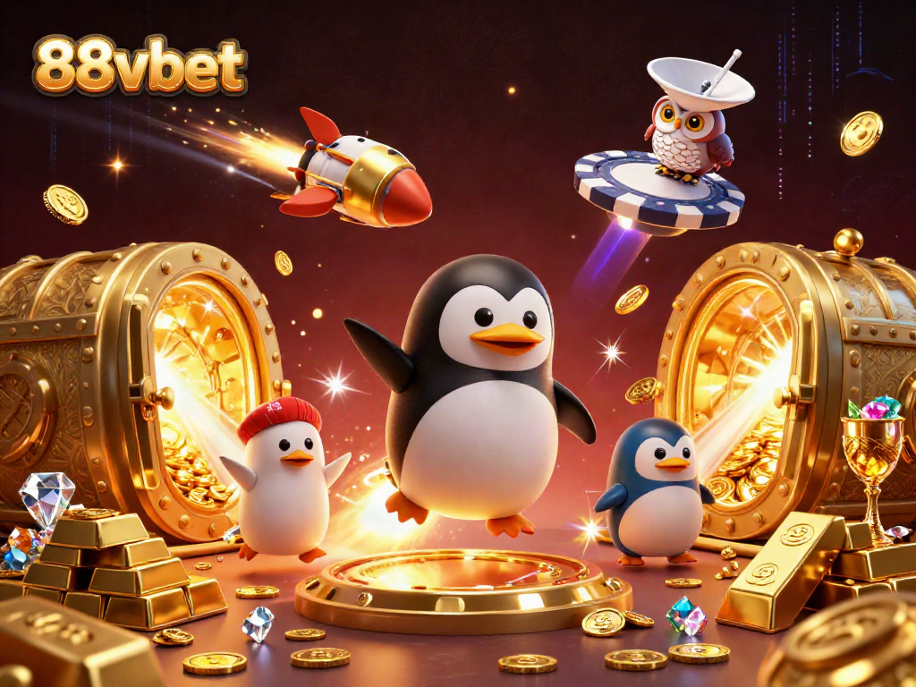 Experience the thrilling adventure of 88vbet, featuring a golden penguin rocket blasting through a vibrant casino universe.