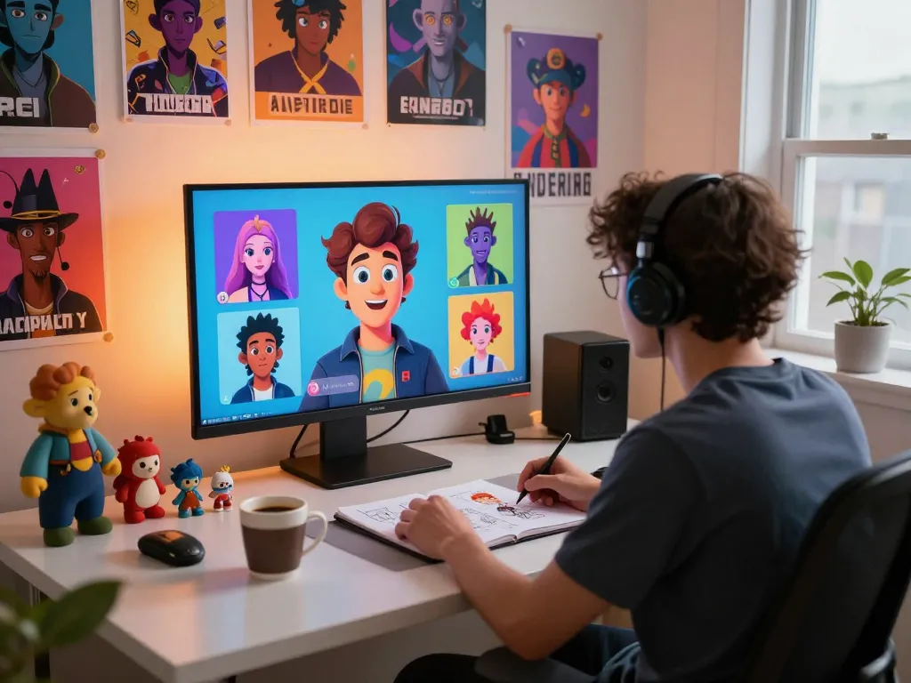 Engaging digital chat scene with Crushon characters in a vibrant workspace.