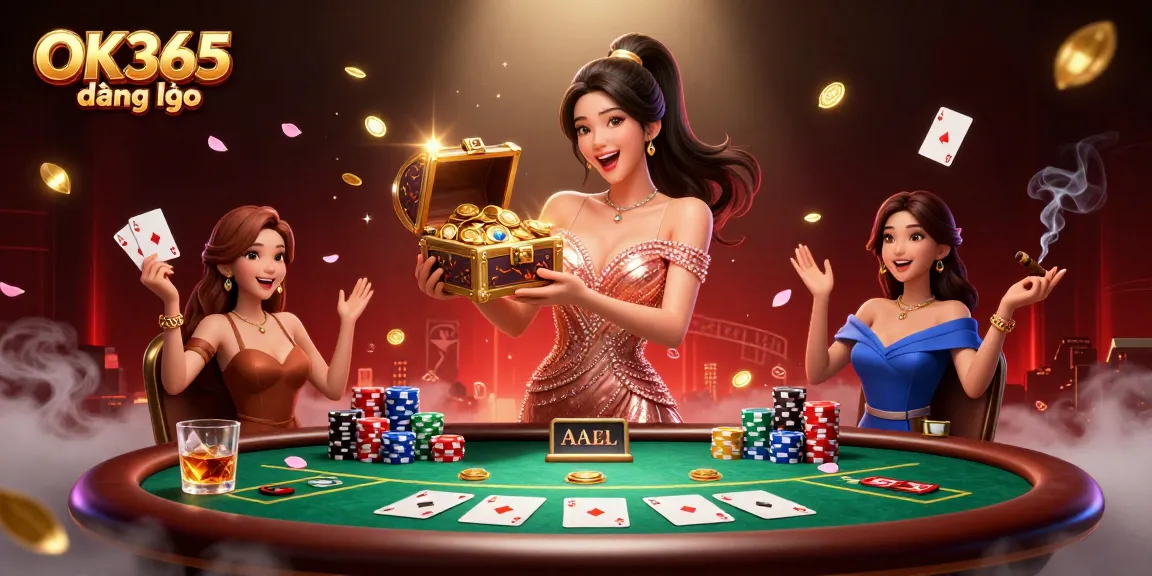 Experience excitement with OK365 đăng nhập, showcasing a vibrant digital casino scene filled with treasures and poker action.