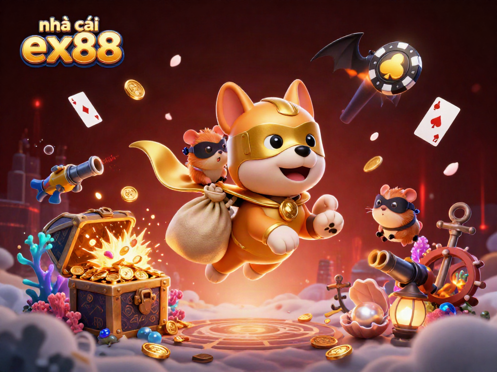 Catch the excitement with nhà cái ex88, featuring a superhero dog and hamster in a vibrant casino adventure!
