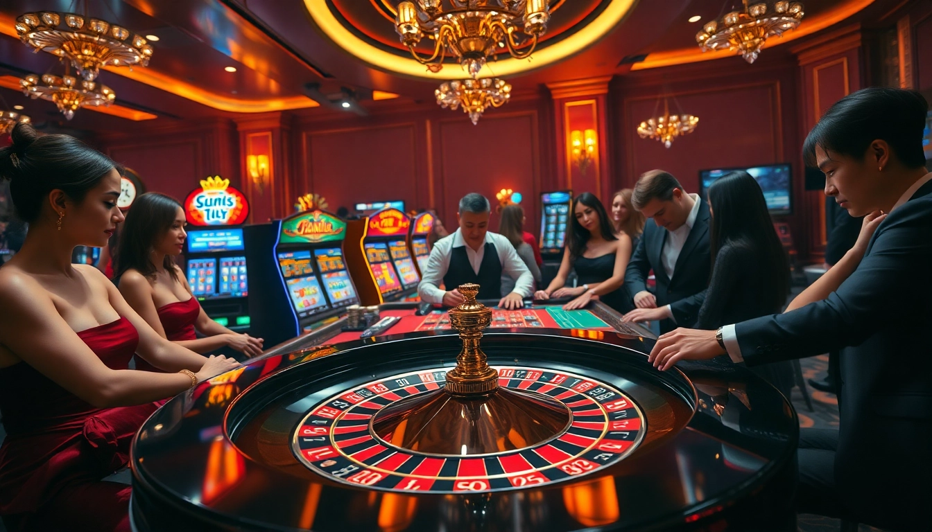 Experience high-stakes excitement at https://luongsontv5.com/ with a glamorous casino scene showcasing a roulette table and engaging players.
