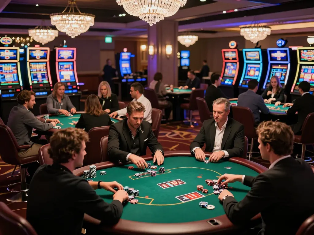 LLWIN players enjoy an exciting poker game on the vibrant casino floor.
