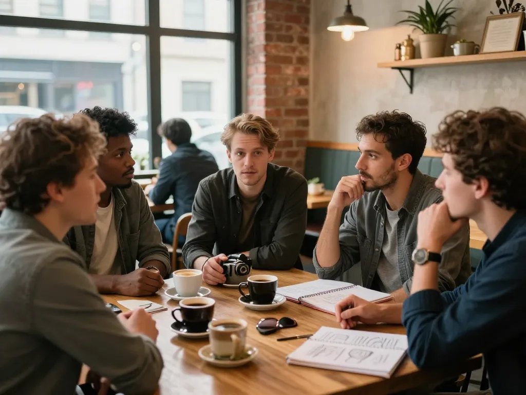 Men's community gathering in a coffee shop, enhancing support and connection through open conversations, manclub.