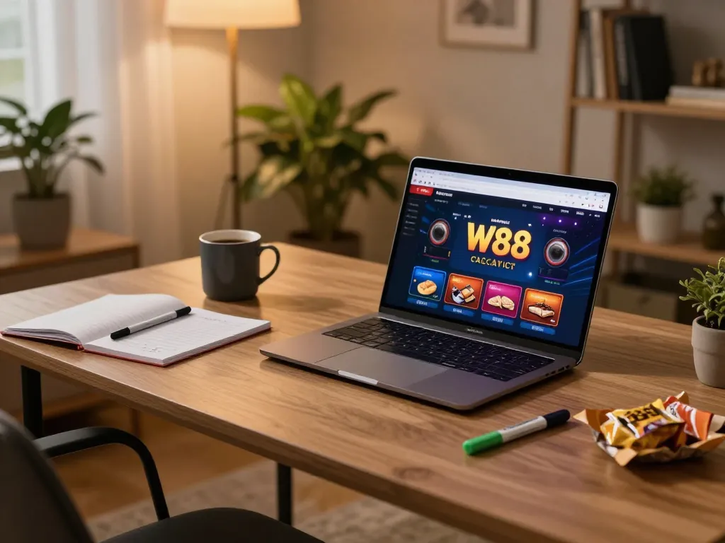 Engaged player using W88 app on laptop during an evening gaming session, surrounded by strategy notes.