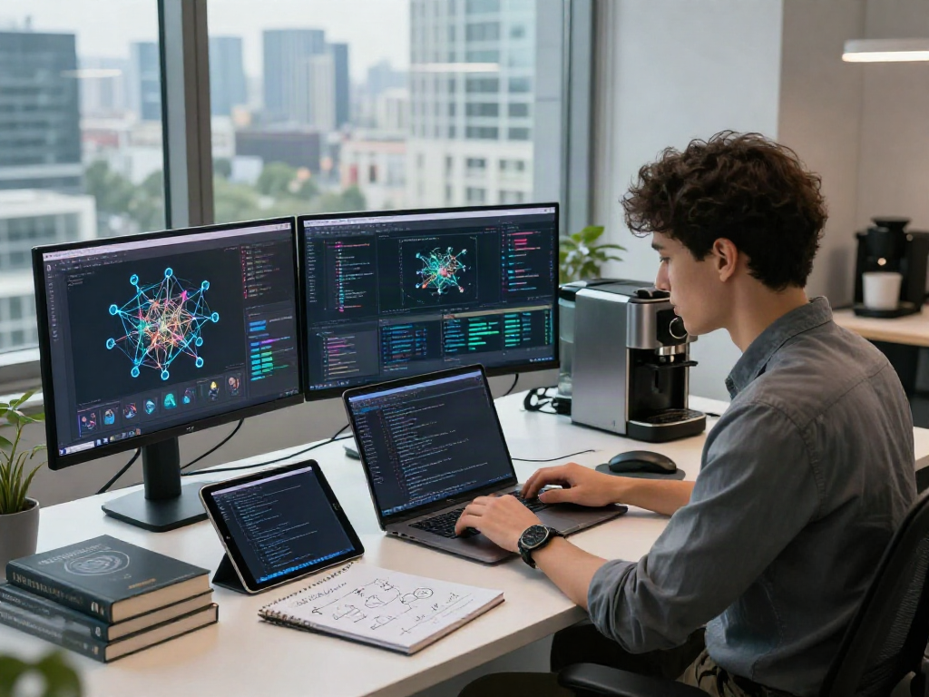 Professional workspace featuring AI programming and data visualization, highlighting the latest in ia +18 technology.