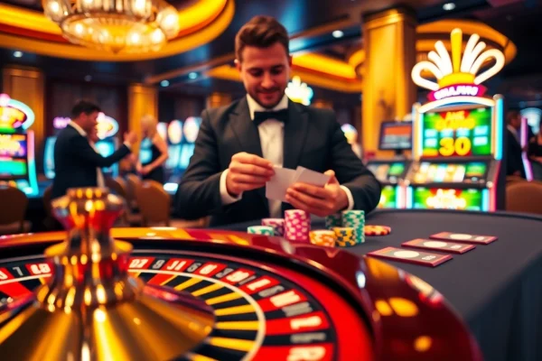 Experience the excitement of https://hbbet4.art/ with a dazzling casino scene featuring a professional poker table.