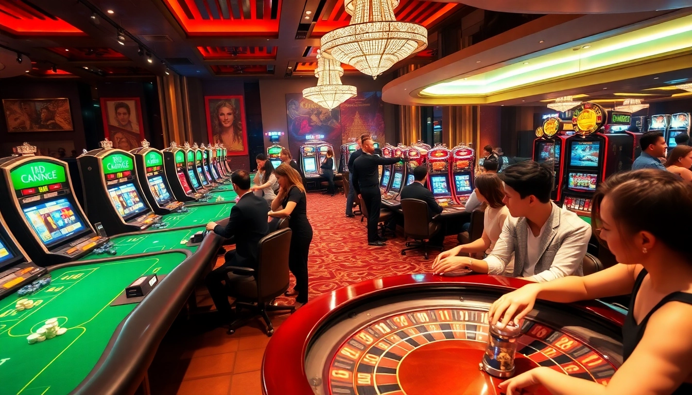 Players enjoying games at KP88 casino, highlighting poker tables and vibrant slot machines.