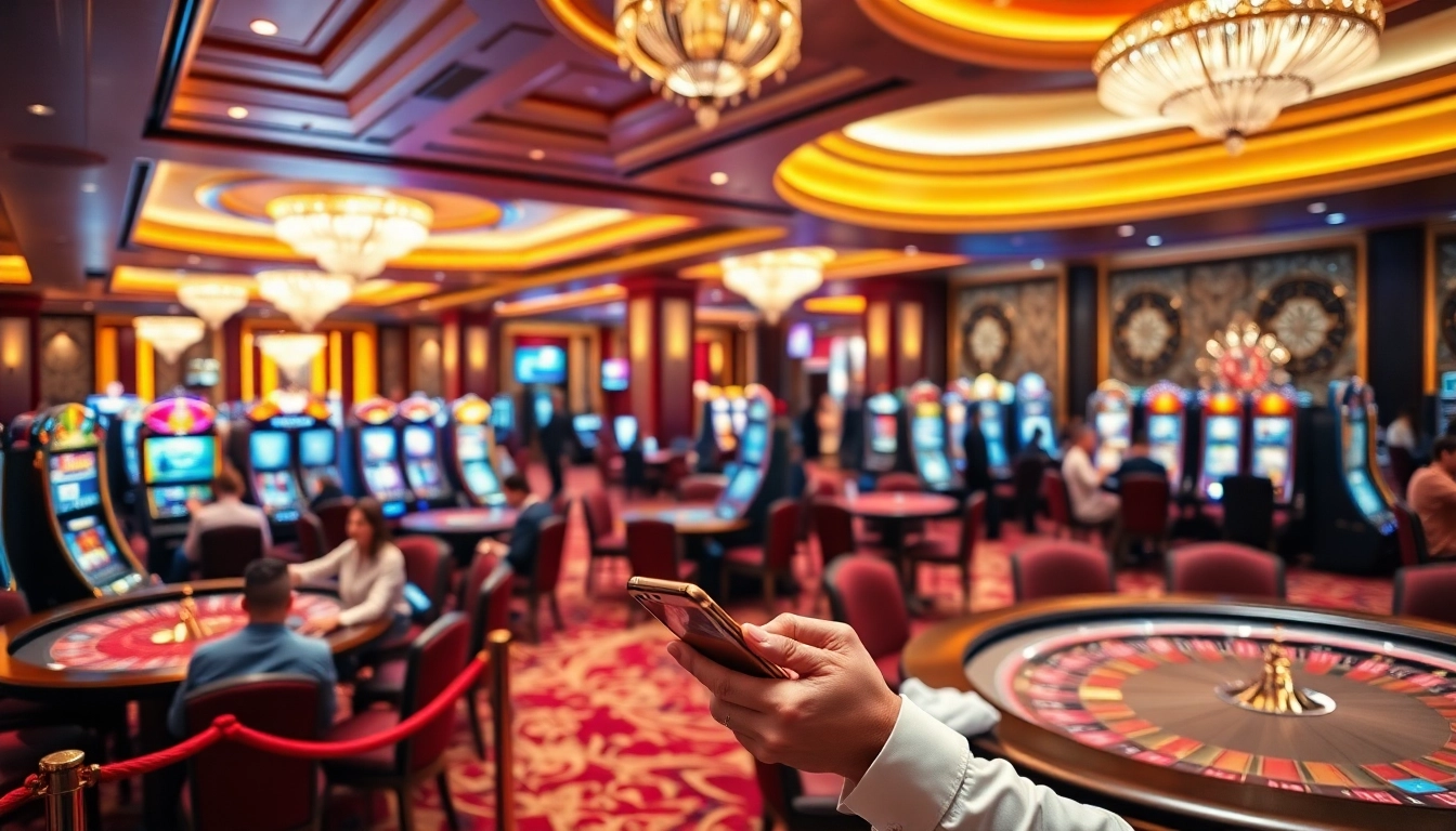 Engaging scene of rút tiền xn88 transactions at a vibrant casino, showcasing players enjoying a thrilling atmosphere.