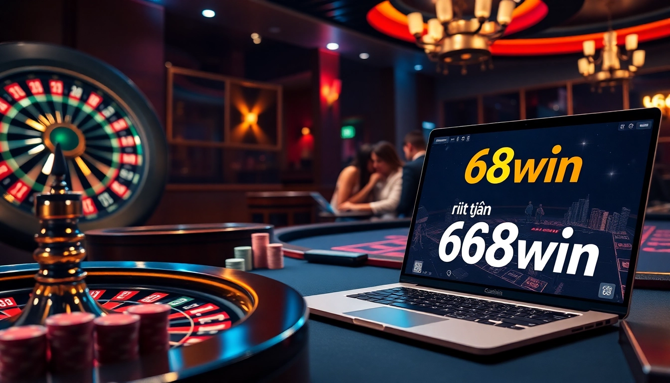 Engage with rút tiền 68win at a high-stakes casino with vibrant roulette, poker chips, and dynamic gameplay.