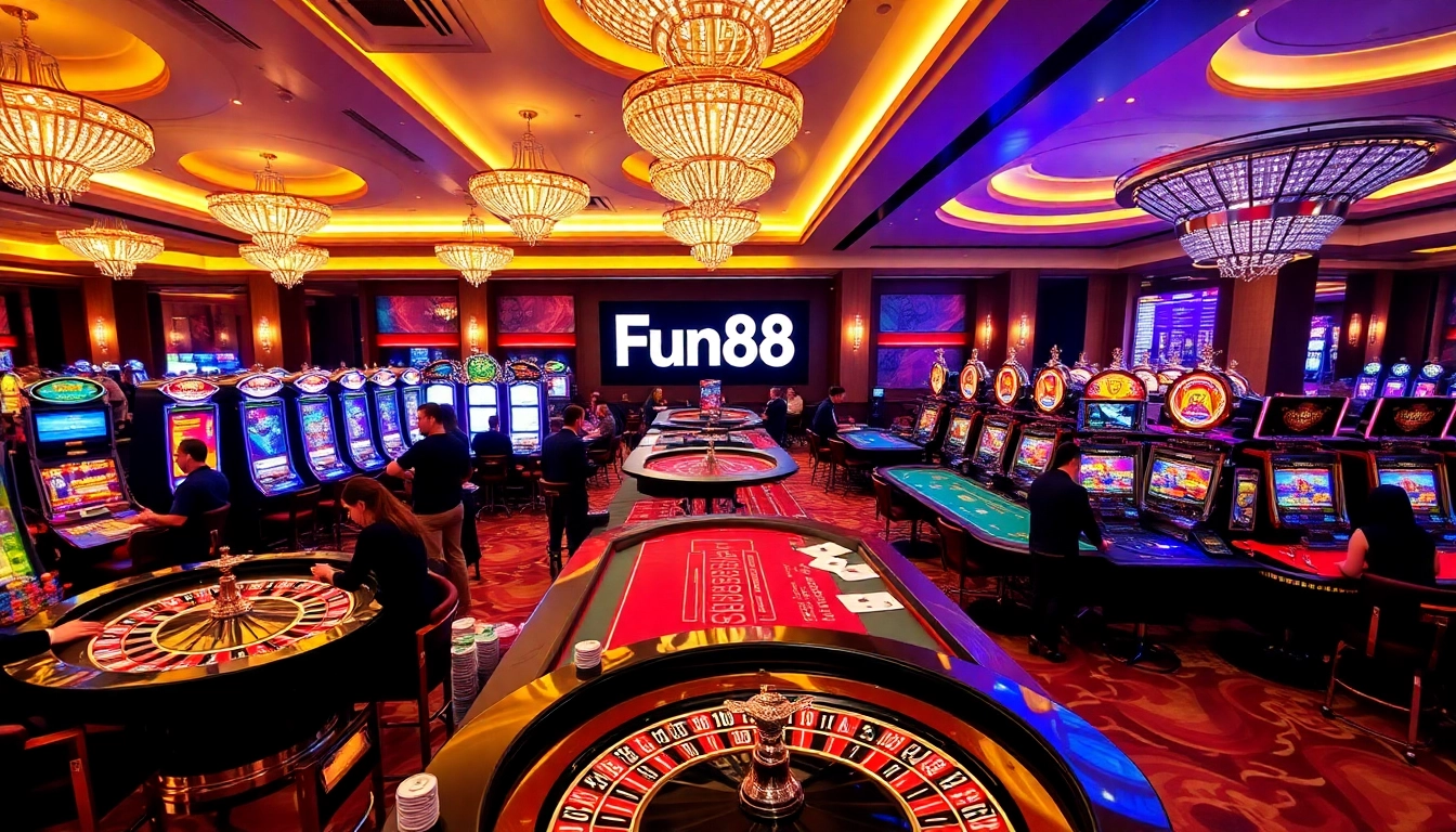 Players enjoying the Fun88 login experience at a luxurious online casino with vibrant games and betting.