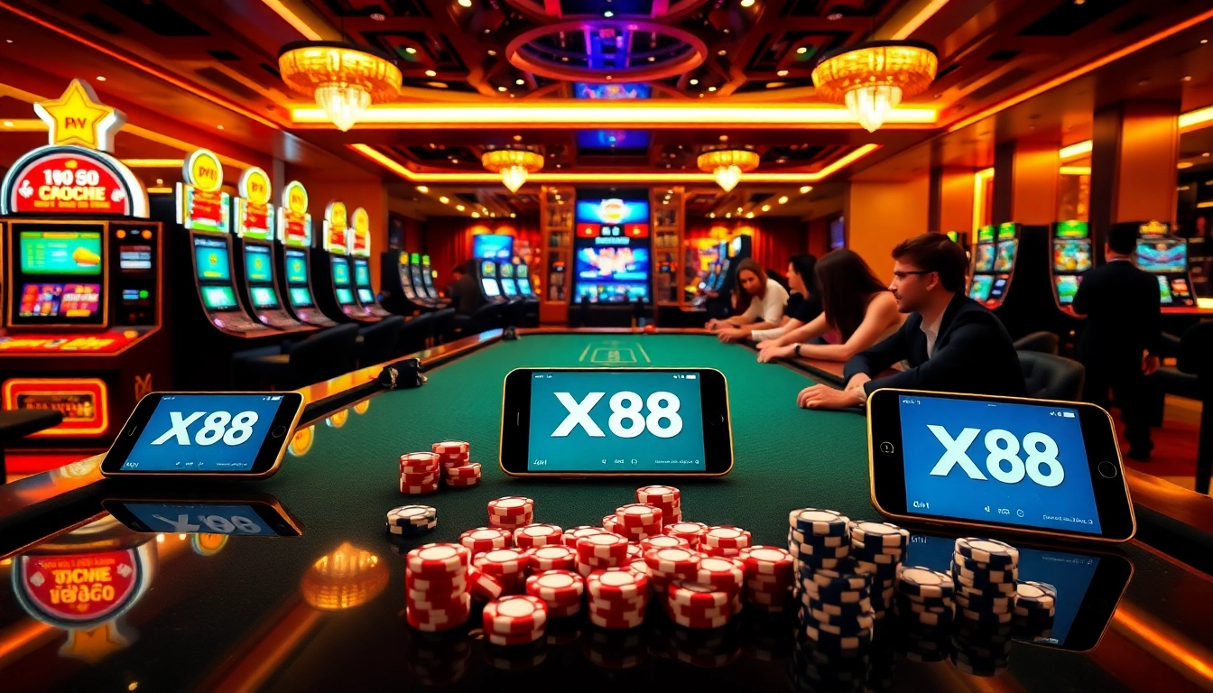 Experience rút tiền xn88 in a luxurious casino setting with engaging players and vibrant slot machines.