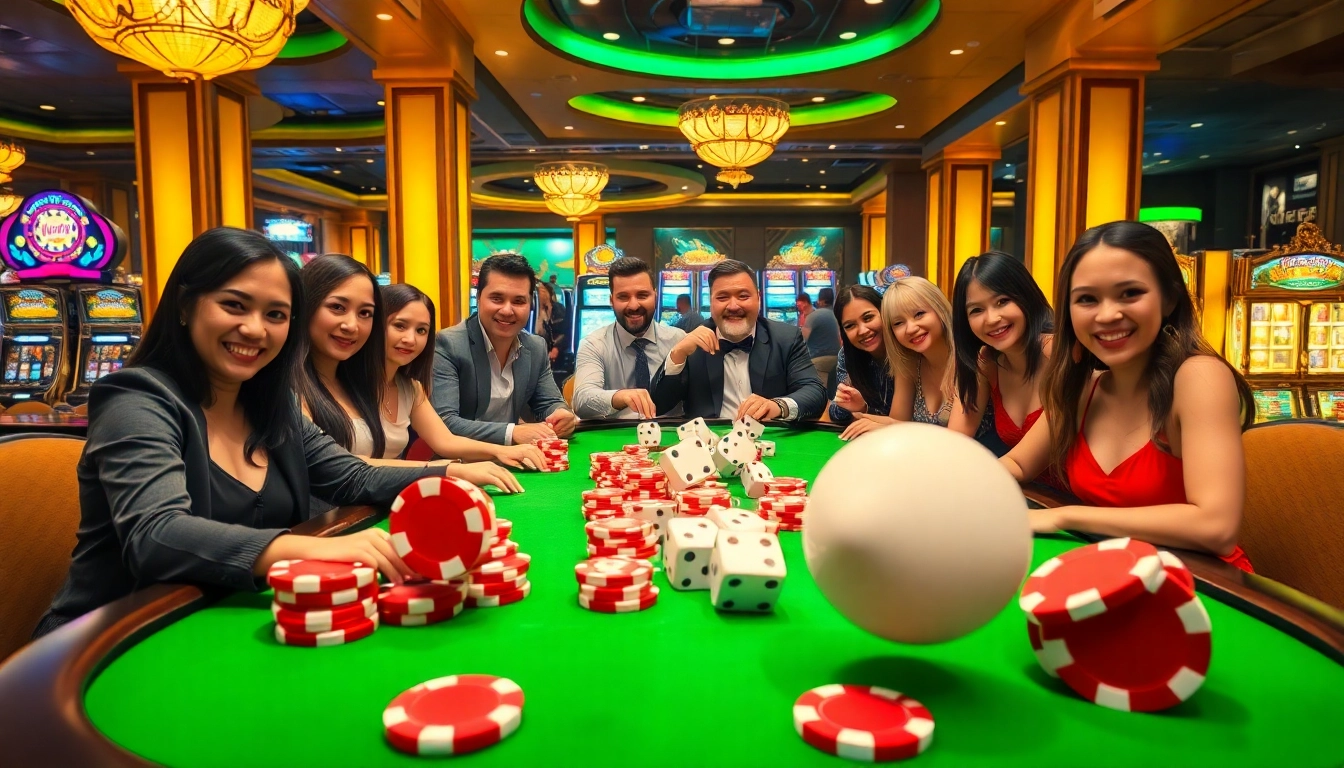 A dynamic casino scene showcasing excitement and betting at https://lodetructuyen.us/ with casino tables, chips, and roulette wheels.
