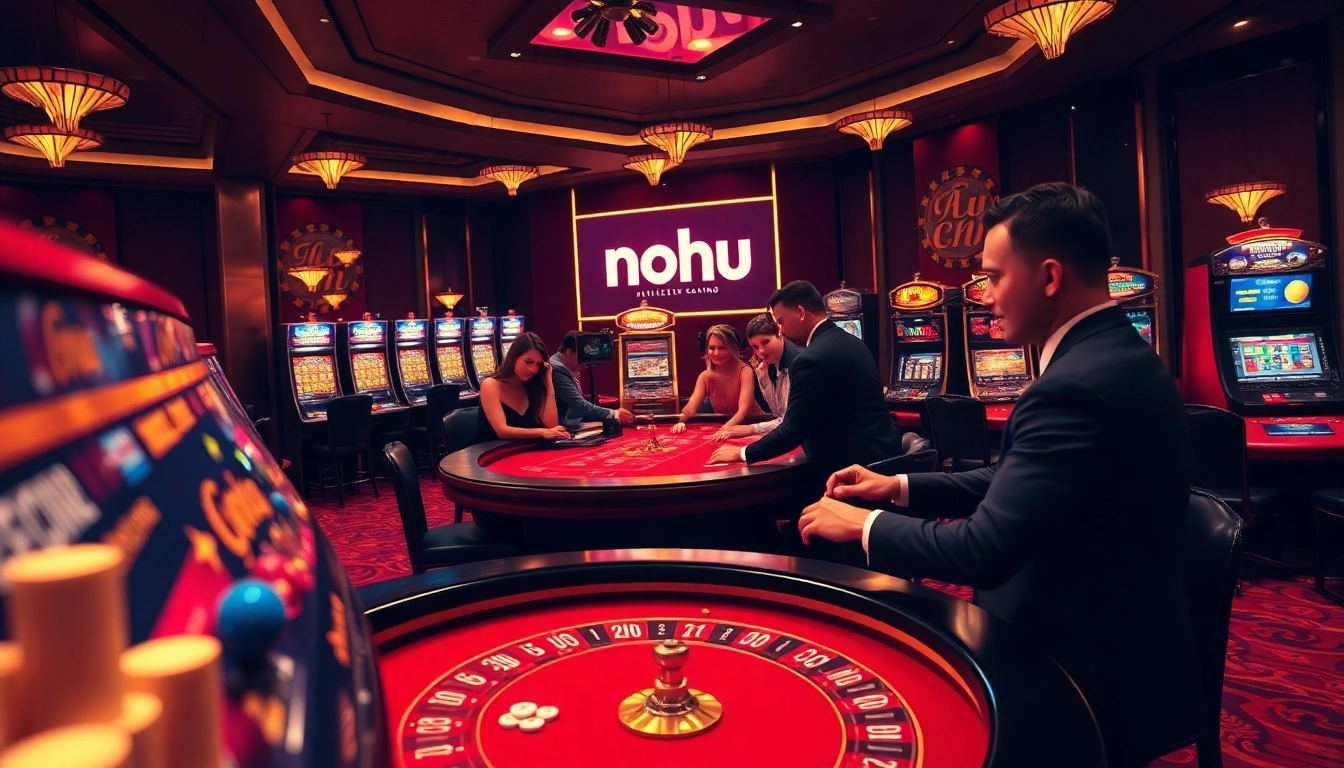 Nohu gamers celebrating a jackpot win at an upscale casino table with vibrant decor.