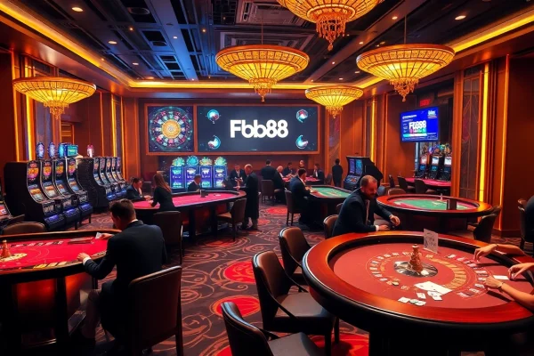 Players enjoying an exciting Fb88 casino experience at lavish gaming tables with vibrant slot machines.