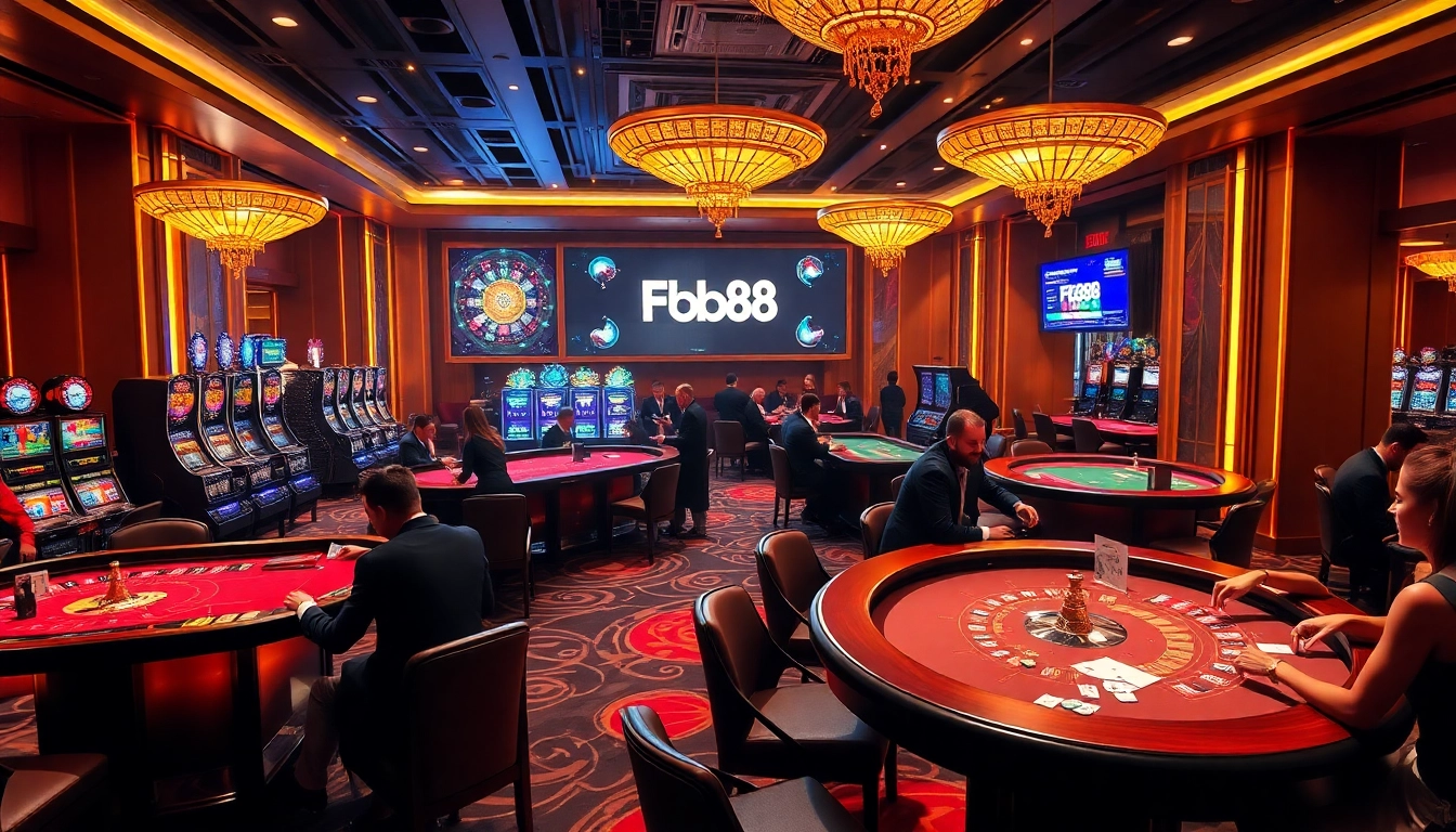Players enjoying an exciting Fb88 casino experience at lavish gaming tables with vibrant slot machines.