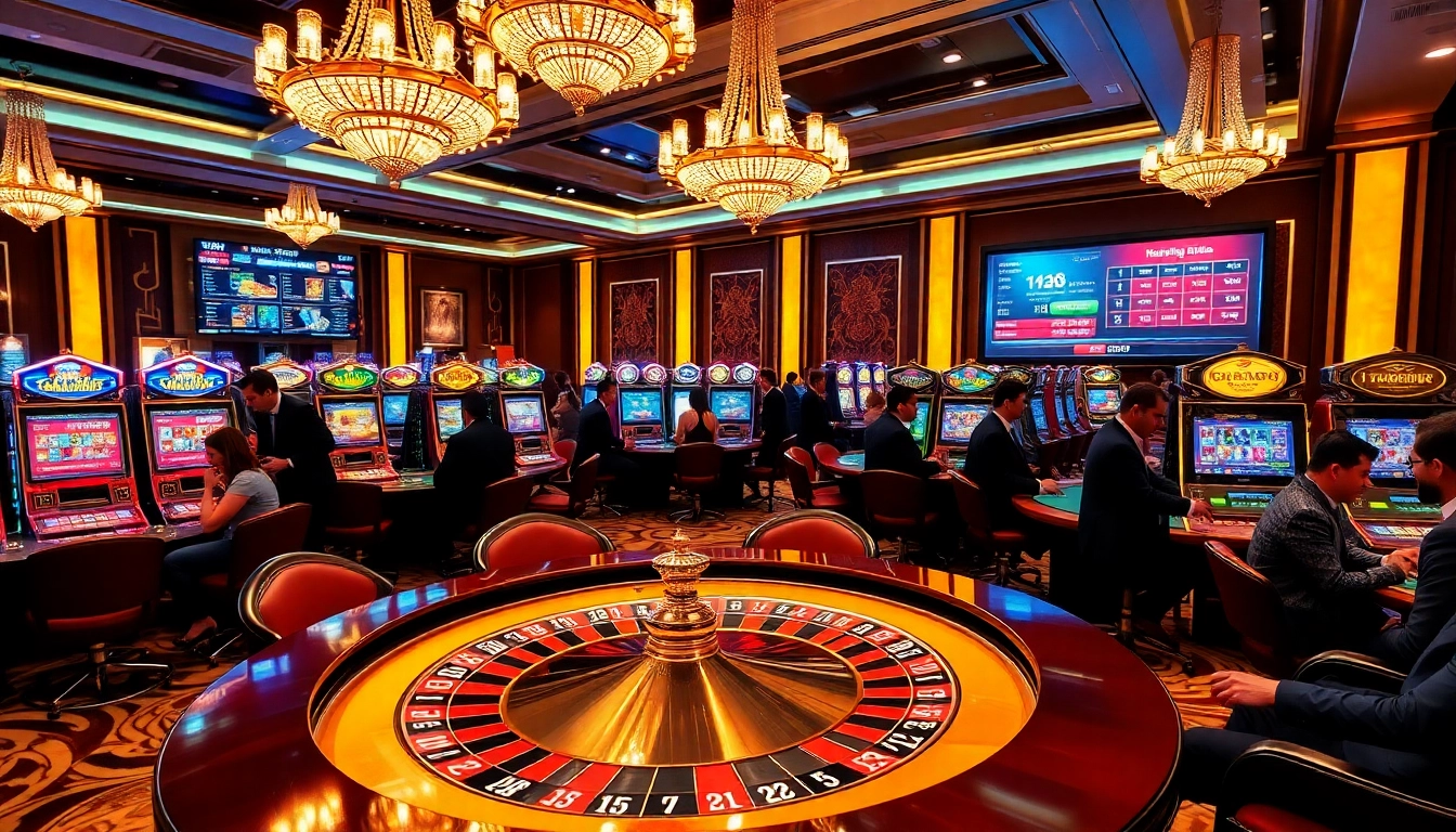 Players enjoying high-stakes gaming at a luxury casino featuring tr88 vip tables and vibrant slot machines.