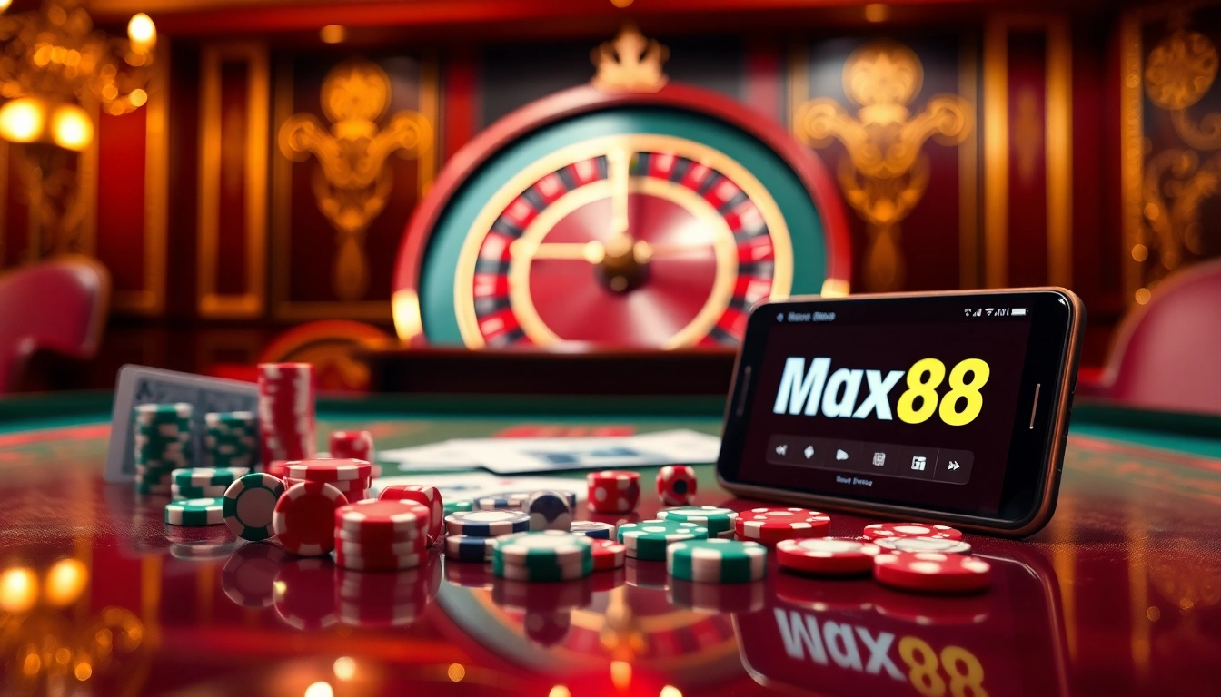 Engage in thrilling games at nhà cái max88 with vibrant casino tables and exciting gambling elements.