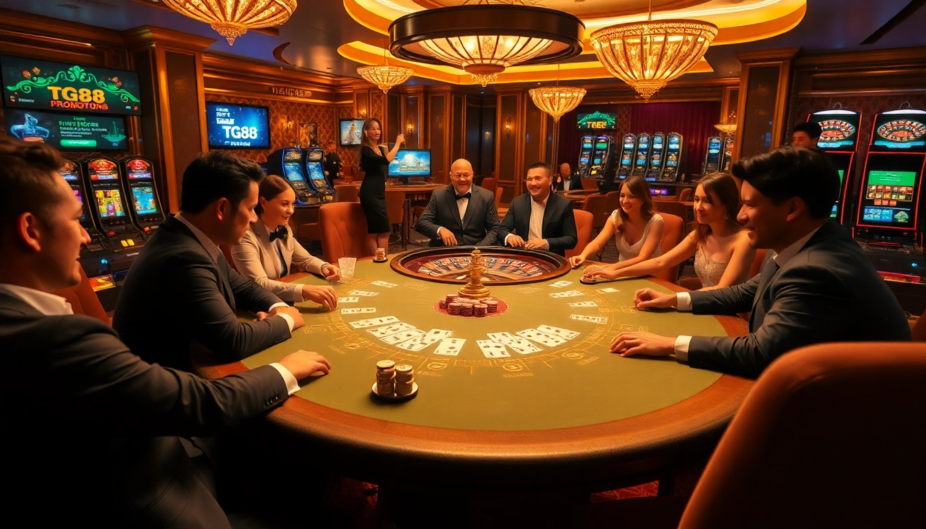 Exciting poker action at tg88 casino with vibrant players and chic decor.