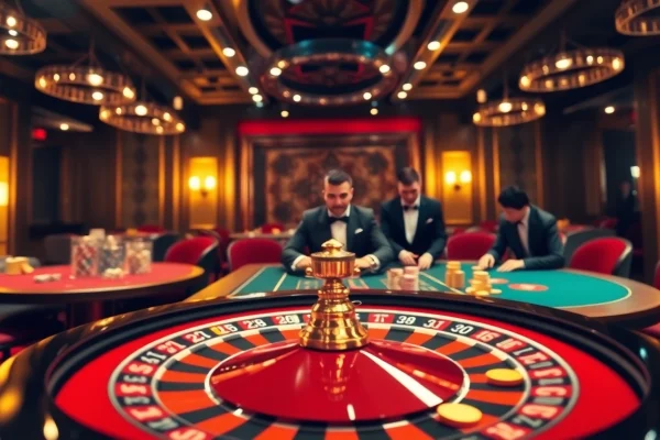 Experience the thrill of gambling at https://nk88net.com/, featuring a luxurious casino scene with roulette and poker action.