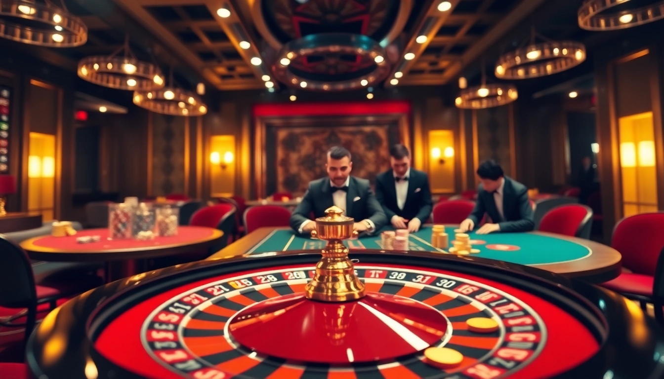 Experience the thrill of gambling at https://nk88net.com/, featuring a luxurious casino scene with roulette and poker action.