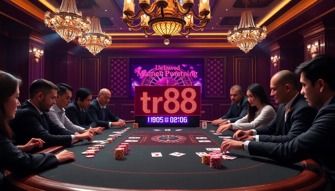 Players strategizing at a casino poker table with tr88 branding visible in vibrant lighting.