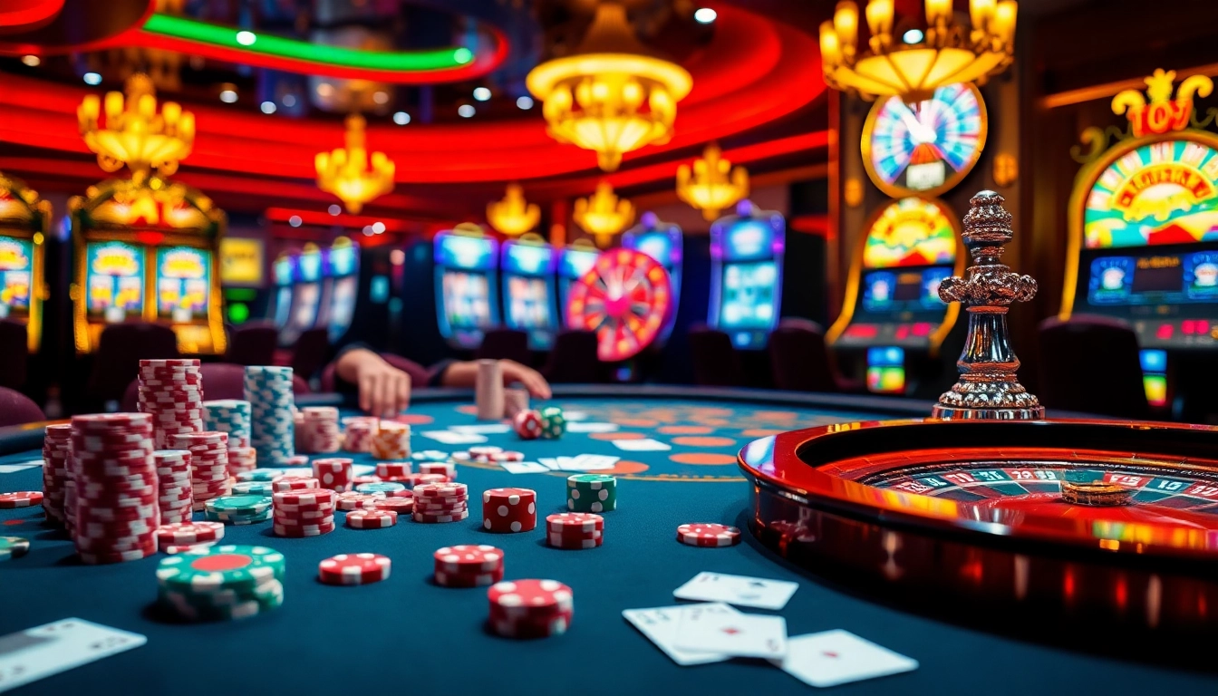 Experience the thrill of fun 79 as players engage in lively casino games with vibrant poker chips and roulette wheels.