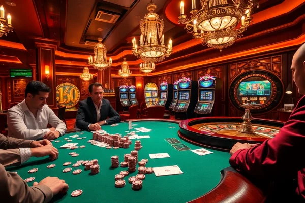 Engage in high-stakes gambling excitement with MV66-themed casino visuals showcasing poker and roulette.