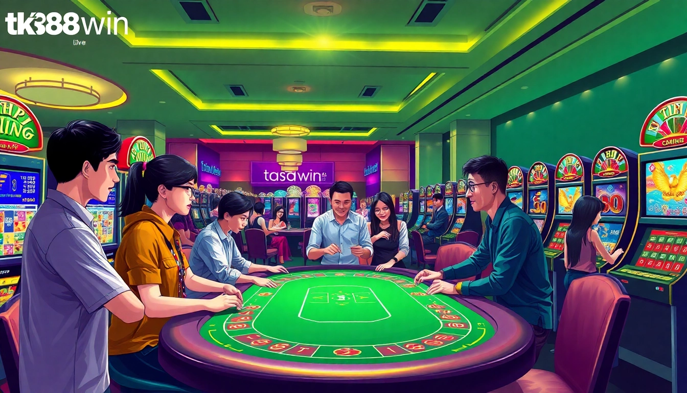 Experience the dynamic atmosphere at tk88win.live, featuring diverse players enjoying Tiến lên miền Nam and engaging slot machines.