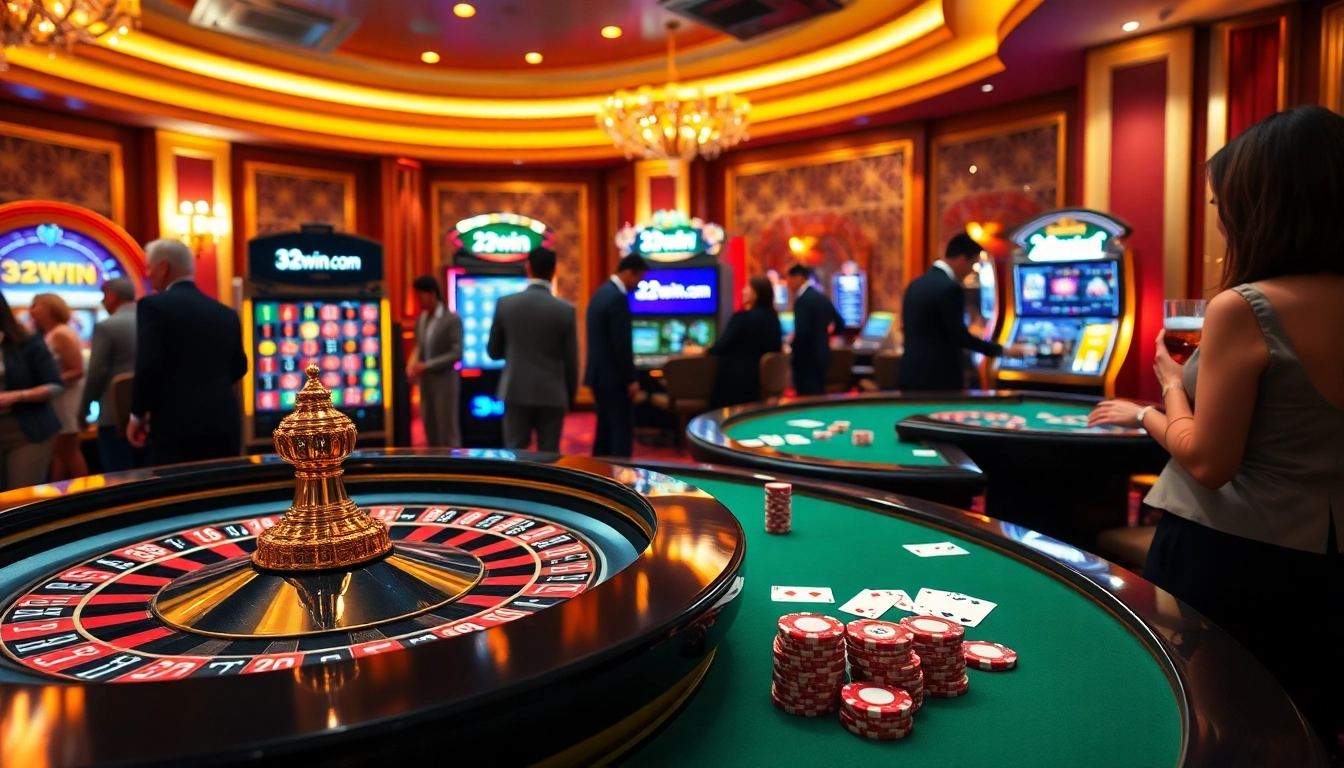 Experience the thrill of playing at 32win.com with glamorous casino tables and vibrant chips.