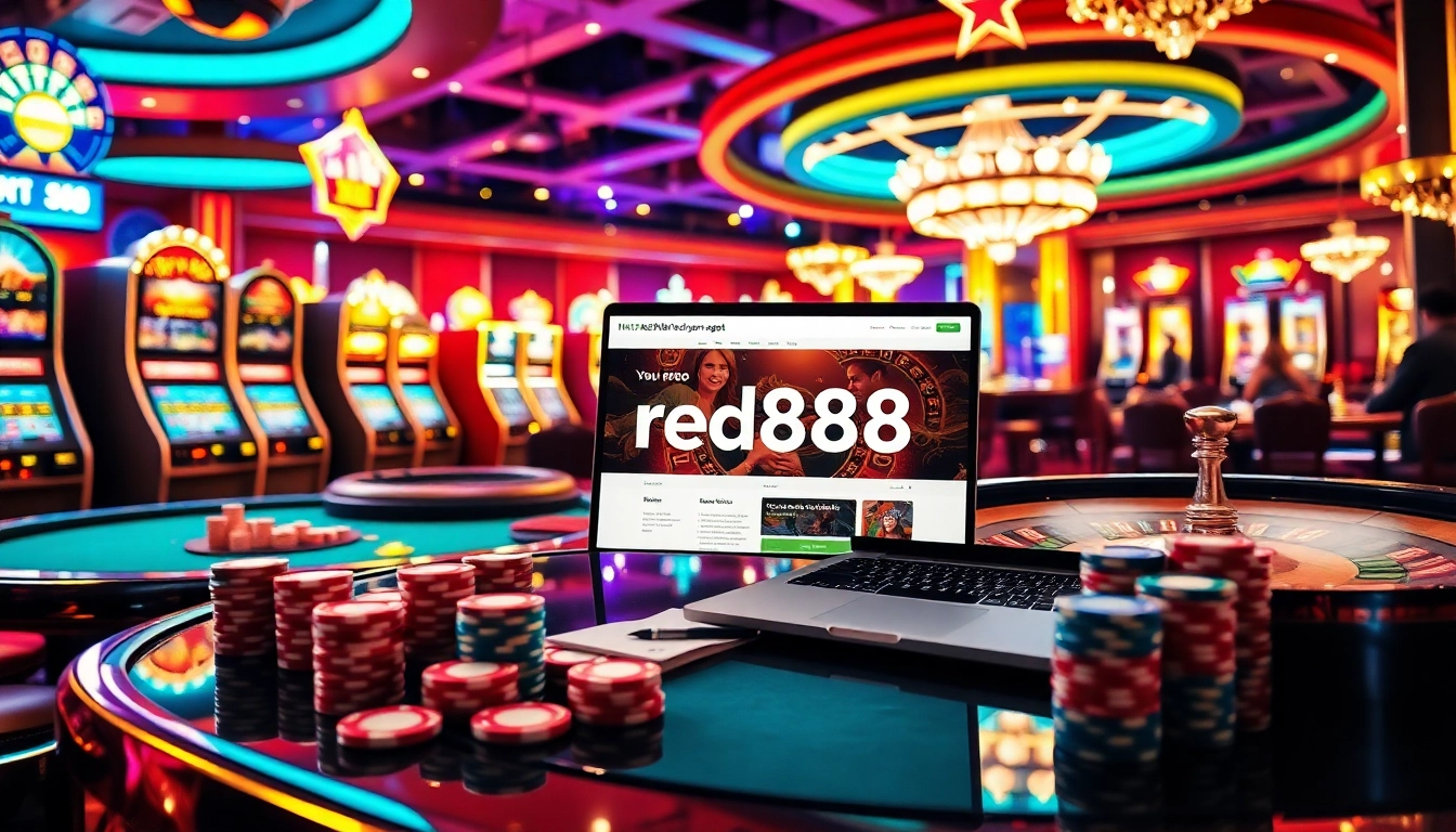 Experience the thrill of gambling at https://red88.spot/ with vibrant casino scenes featuring poker tables and slot machines.