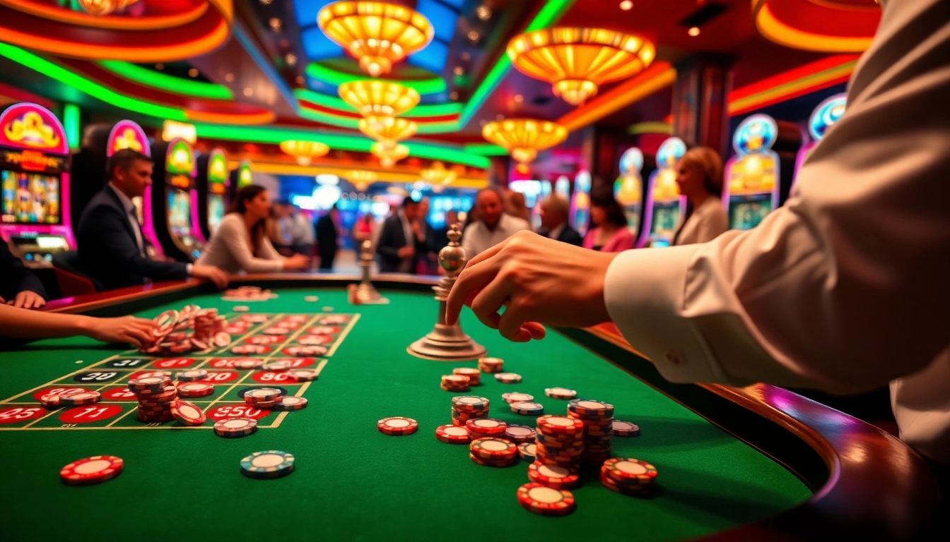Experience thrilling casino action with j88 poker chips and vibrant roulette tables.