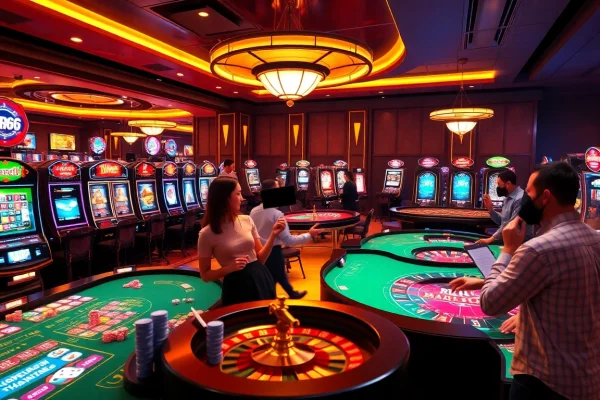 Intense gambling action at a luxurious casino featuring MB66 themed games and vibrant slot machines.