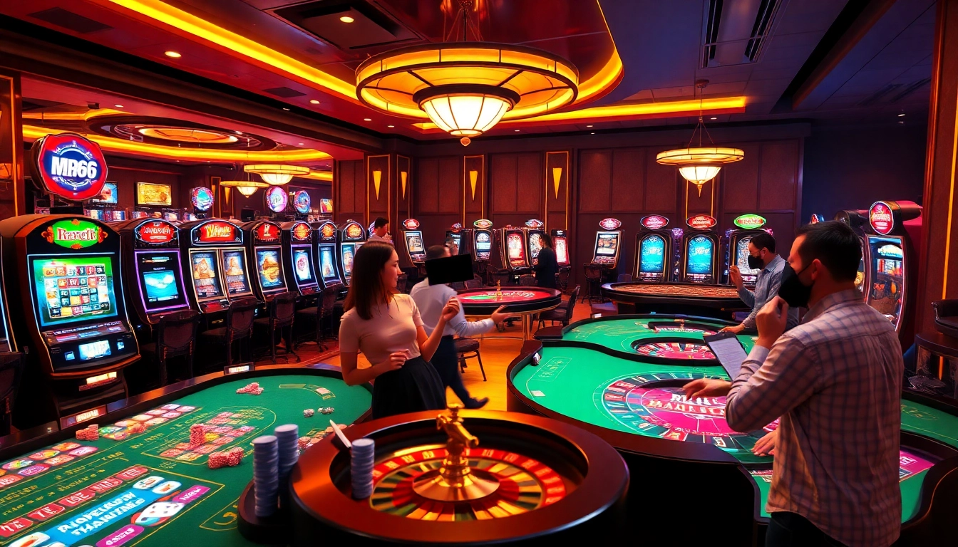 Intense gambling action at a luxurious casino featuring MB66 themed games and vibrant slot machines.