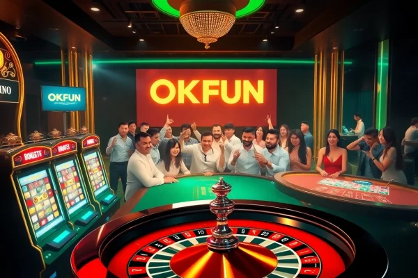 Players enjoying the electrifying experience at an OKFUN-themed casino with vibrant slot machines and poker chips.