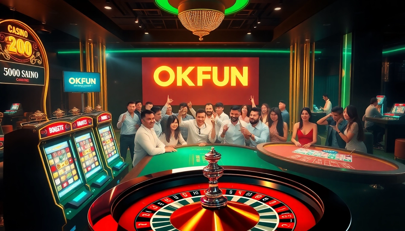 Players enjoying the electrifying experience at an OKFUN-themed casino with vibrant slot machines and poker chips.