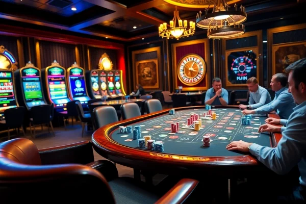 Players enjoying a high-stakes game at the poker table on https://hb88hz.club/ with vibrant chips and cards.