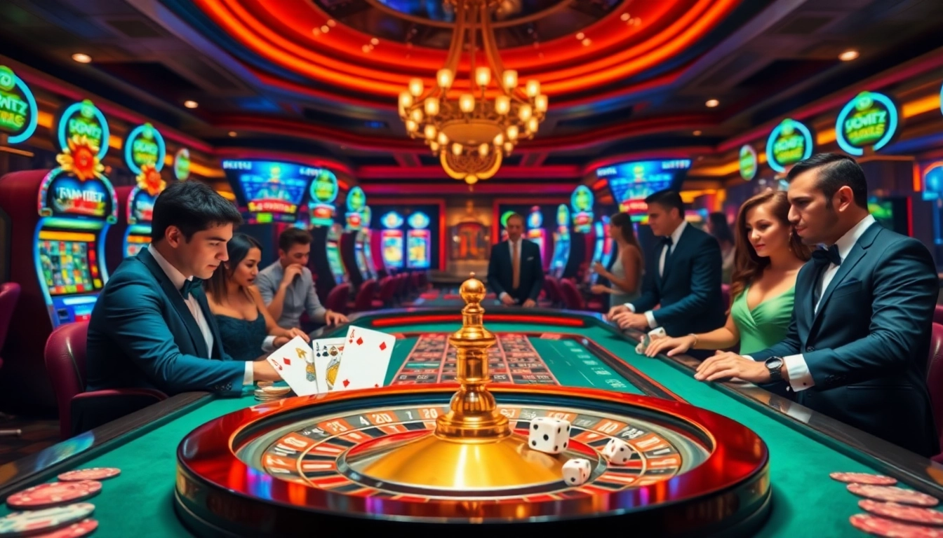 Engaging gamblers at a roulette table while showcasing https://58win4b.net/ in an exciting casino atmosphere.