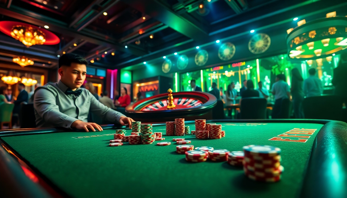 rút tiền xn88 at a luxury casino showcasing poker action and vibrant chips.