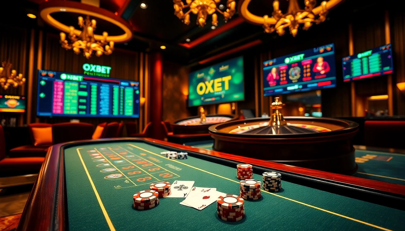 Experience excitement with OXBET at a luxurious casino table filled with cards and chips.