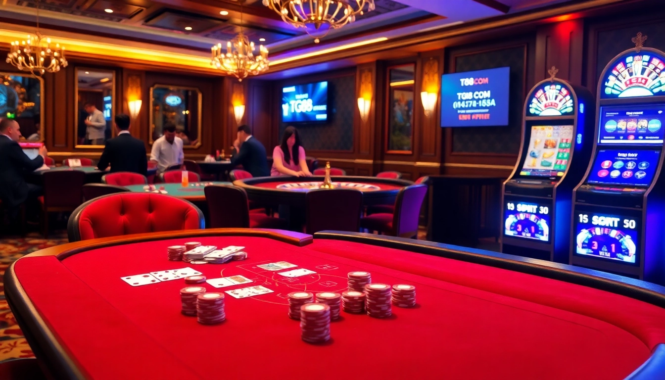 Exciting gambling scene at tg88 com with poker chips, roulette wheel, and slot machines.