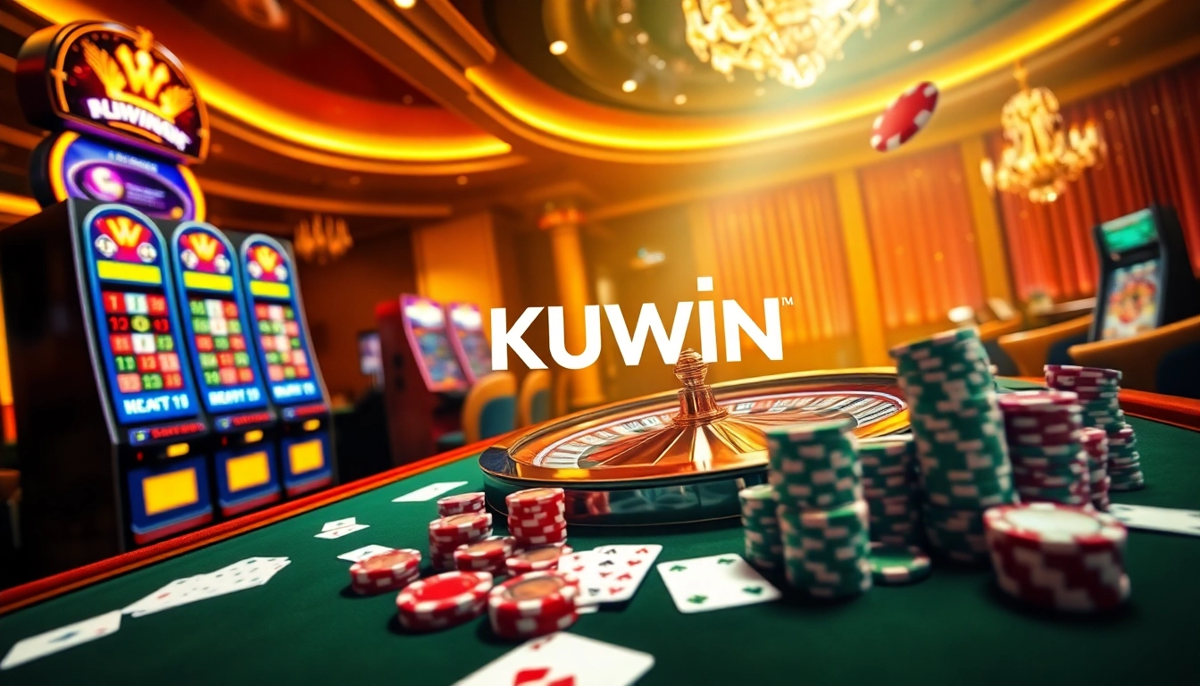 Experience the thrill of betting at KUWIN's vibrant digital casino featuring slot machines and poker chips.