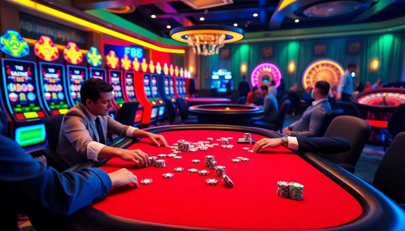 Experience the thrill of F8 BET with vibrant casino table action featuring poker players and colorful slot machines.
