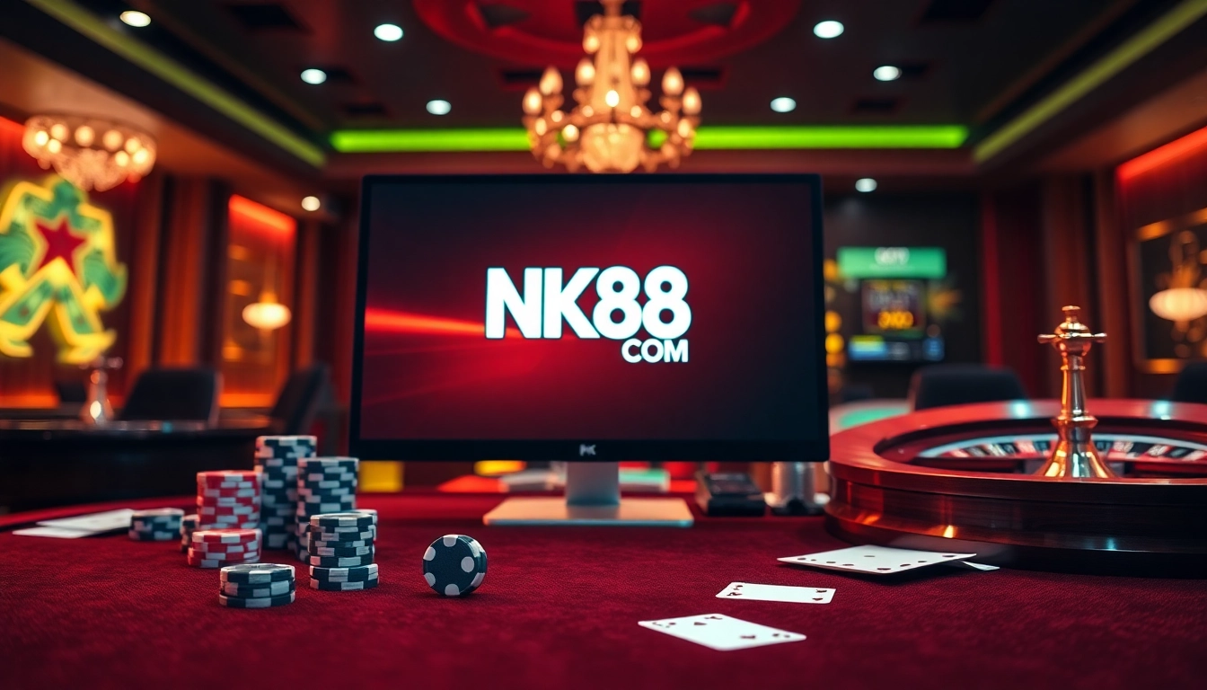 Experience thrilling gameplay at NK88 COM, featuring poker chips, roulette, and online gambling excitement.