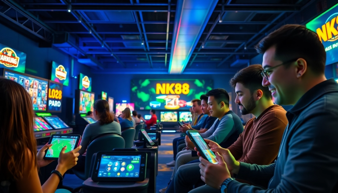 NK88 online gaming interface showcasing diverse players engaging in exciting games like slots and sports betting, reflecting innovation in 2026.