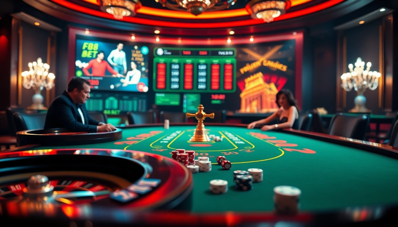 Experience the thrill of the F8 BET casino with high-stakes poker and roulette scenes, filled with excitement and strategy.