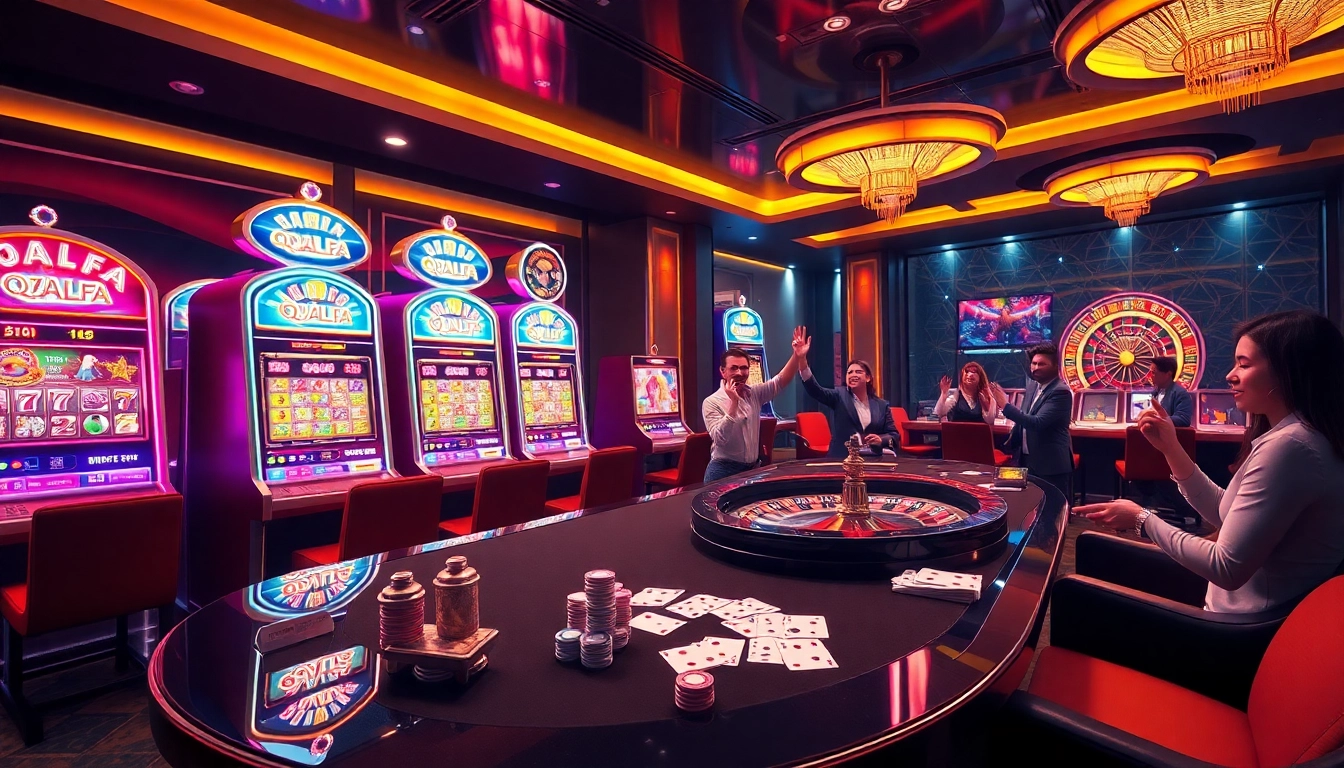 Experience the thrill of winning at QQALFA with dynamic slot machines and excited players in a luxurious casino setting.